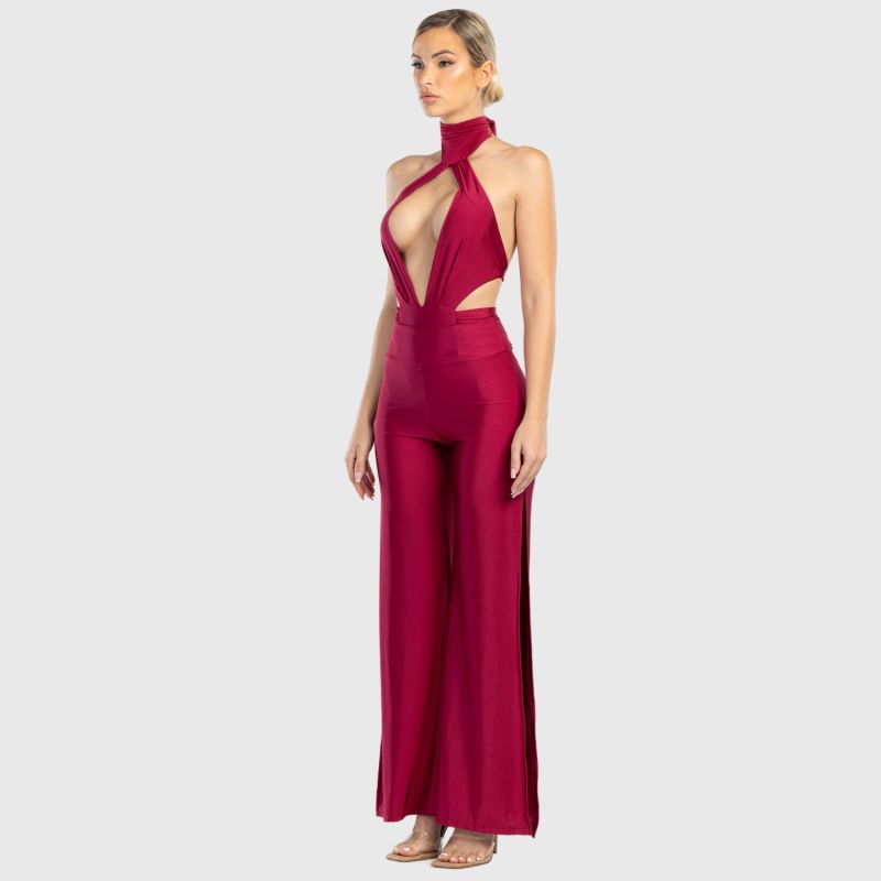 Cleo High Waisted Stretch Wide Leg Pants With Side Slit In Red image