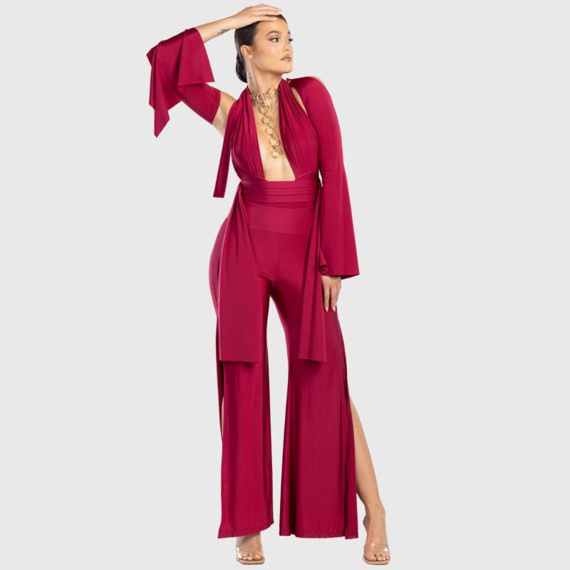 Cleo High Waisted Stretch Wide Leg Pants With Side Slit In Red image