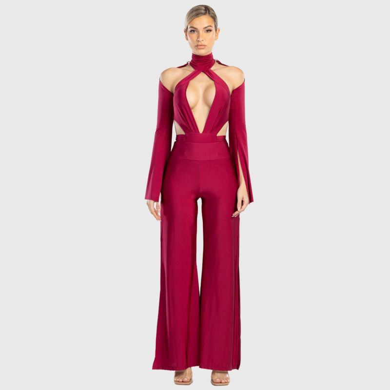 Cleo High Waisted Stretch Wide Leg Pants With Side Slit In Red image