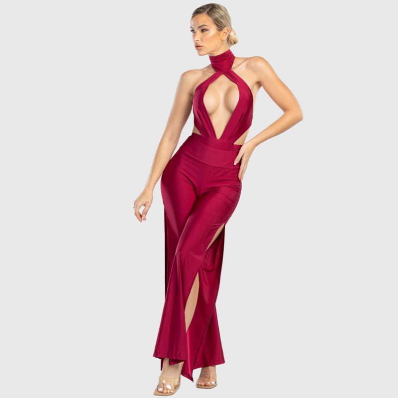 Cleo High Waisted Stretch Wide Leg Pants With Side Slit In Red image