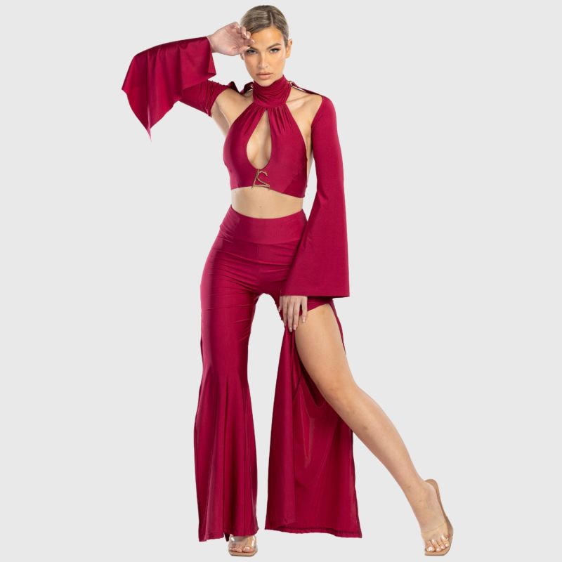 Cleo High Waisted Stretch Wide Leg Pants With Side Slit In Red image