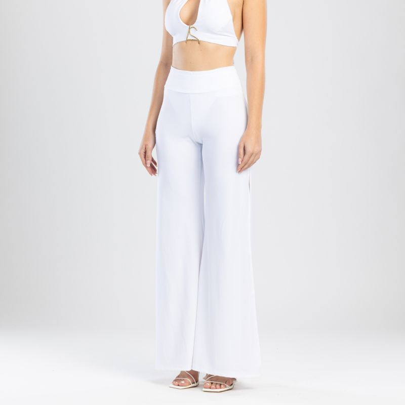 Cleo High Waisted Stretch Wide Leg Pants With Side Slit In White image