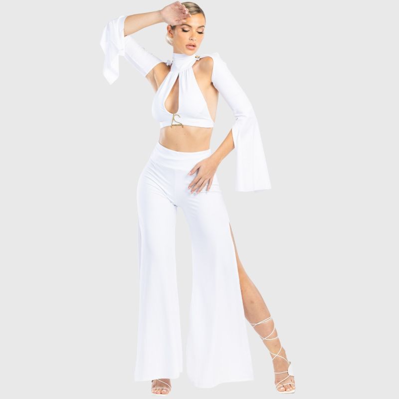 Cleo High Waisted Stretch Wide Leg Pants With Side Slit In White image