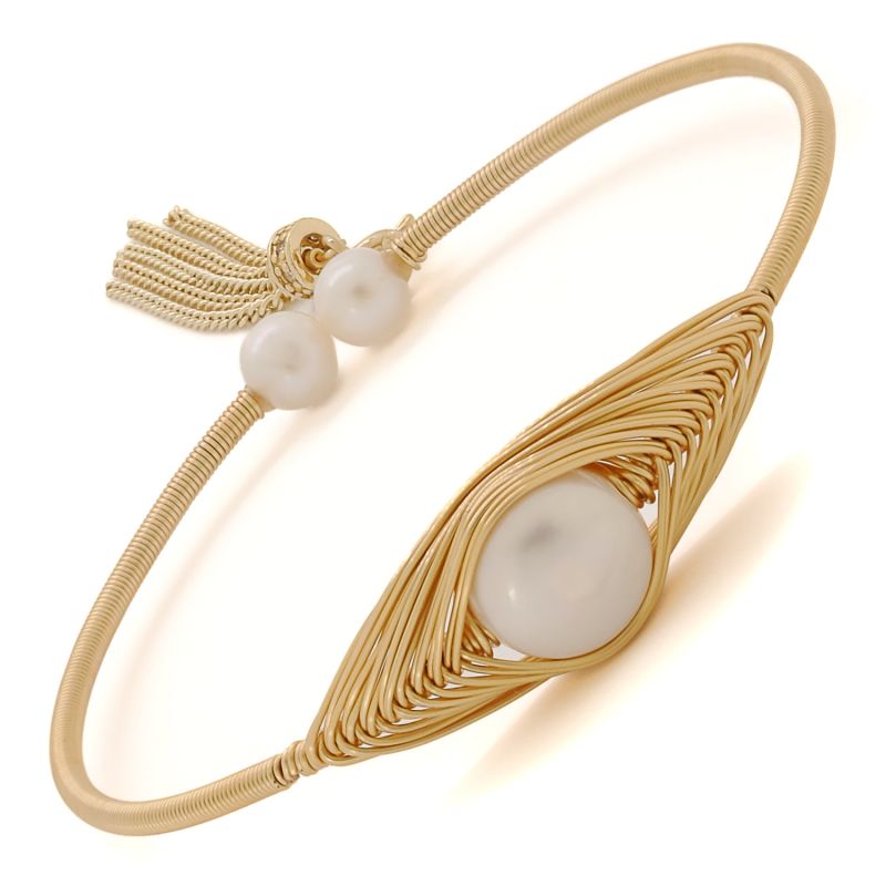 Cleopatra Gold & Pearl Tassel Cuff Bracelet - Gold image