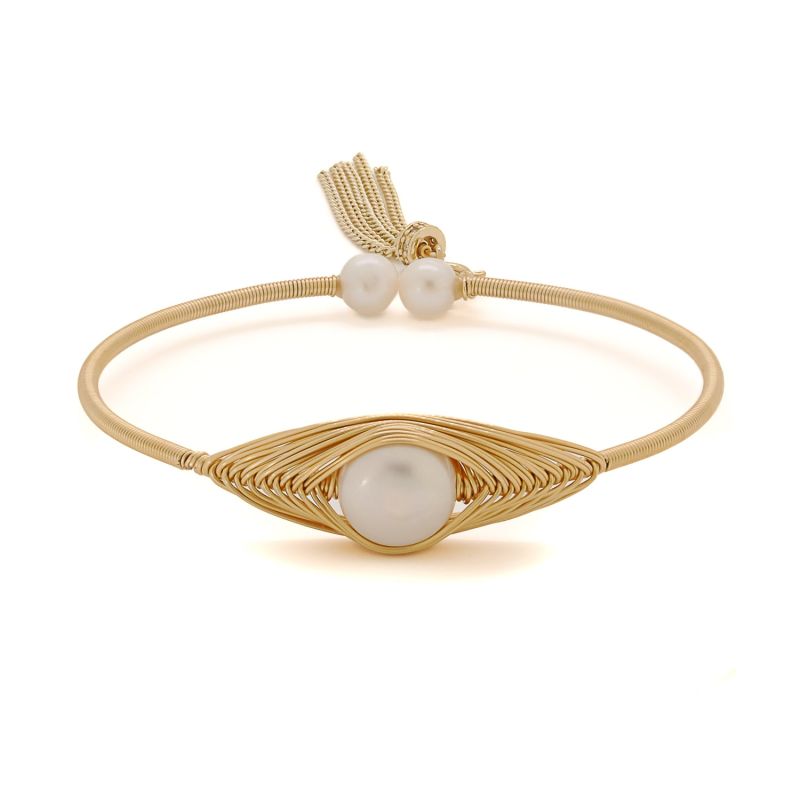 Cleopatra Gold & Pearl Tassel Cuff Bracelet - Gold image