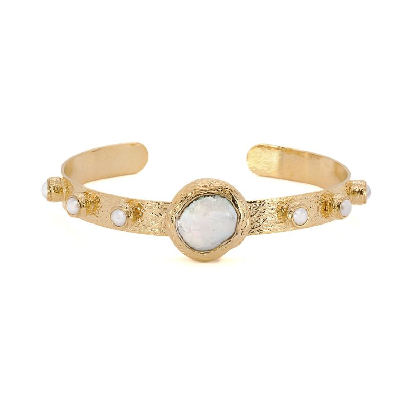 Cleopatra Gold & Pearl Stone Cuff Bracelet - Gold image