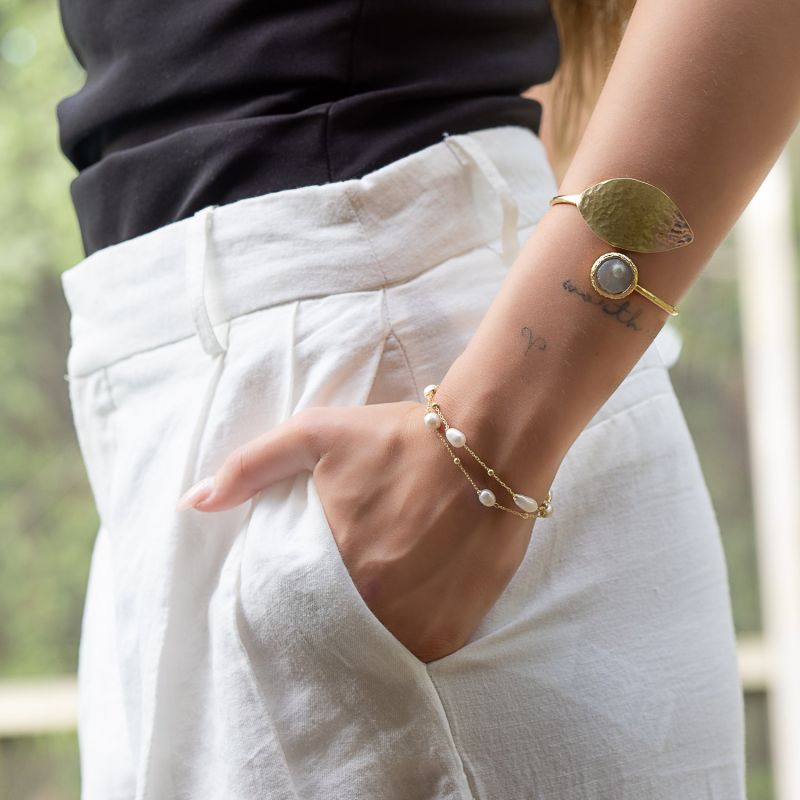 Cleopatra Gold Leaf & Pearl Stone Cuff Bracelet - Gold image