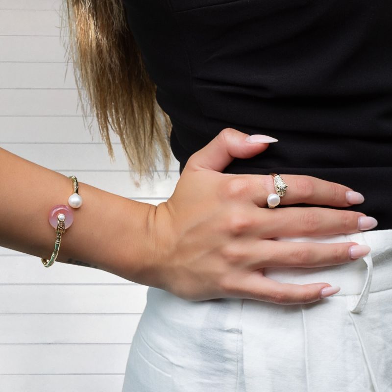 Cleopatra Quartz & Pearl Stone Gold Cuff Bracelet - Gold image