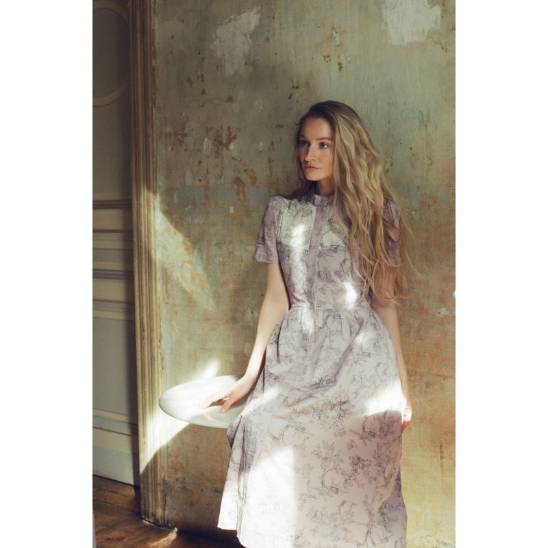 Clover Shirt Dress In Lilac + Vintage White Toile Print Cotton Voile image