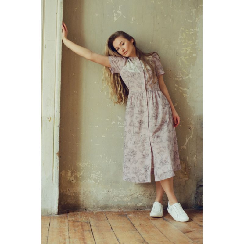 Clover Shirt Dress In Lilac + Vintage White Toile Print Cotton Voile image