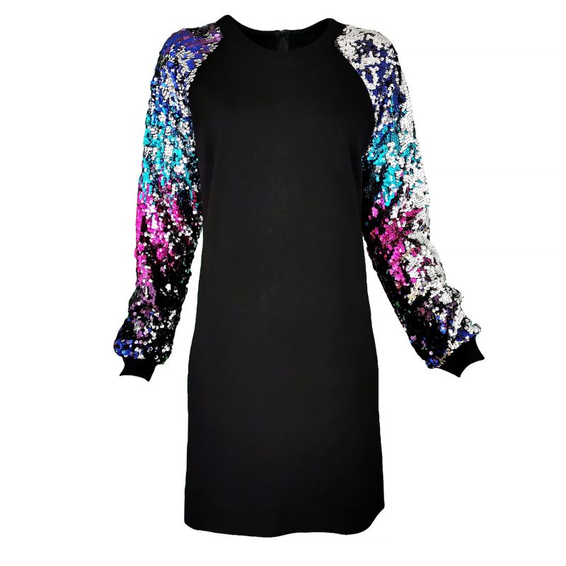 Knitted Above Knee Dress With Double-Sided Sequined Raglan Long Sleeves image