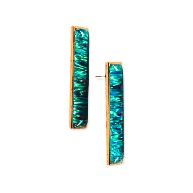 Large Rectangular Statement Green Opal Drop Gold Earrings image