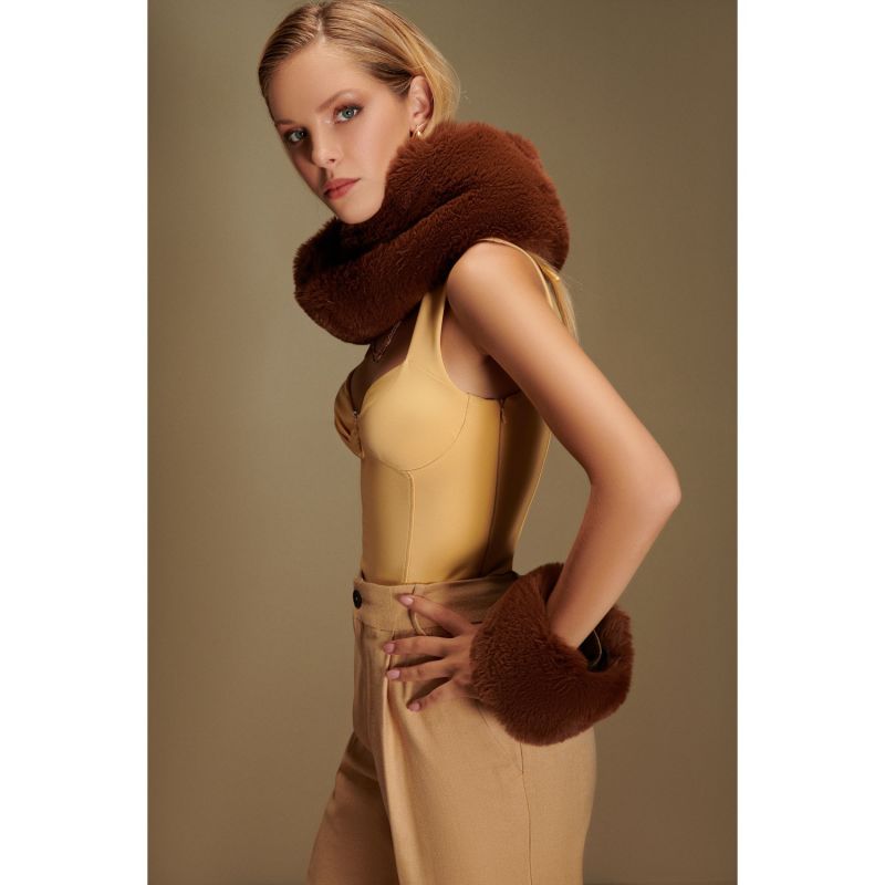 Alexa Faux Fur Collar Round Scarf & Cuff Set In Brown image