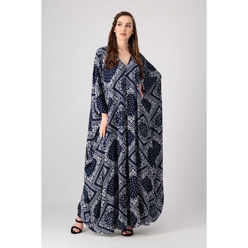 Mariposa Cut Kaftan With Center Fold In Navy Printed Paisley Rayon image