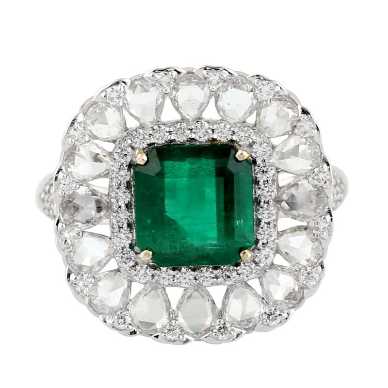 18K White Gold Natural Emerald Pave Diamond Cocktail Ring Gift Jewelry image