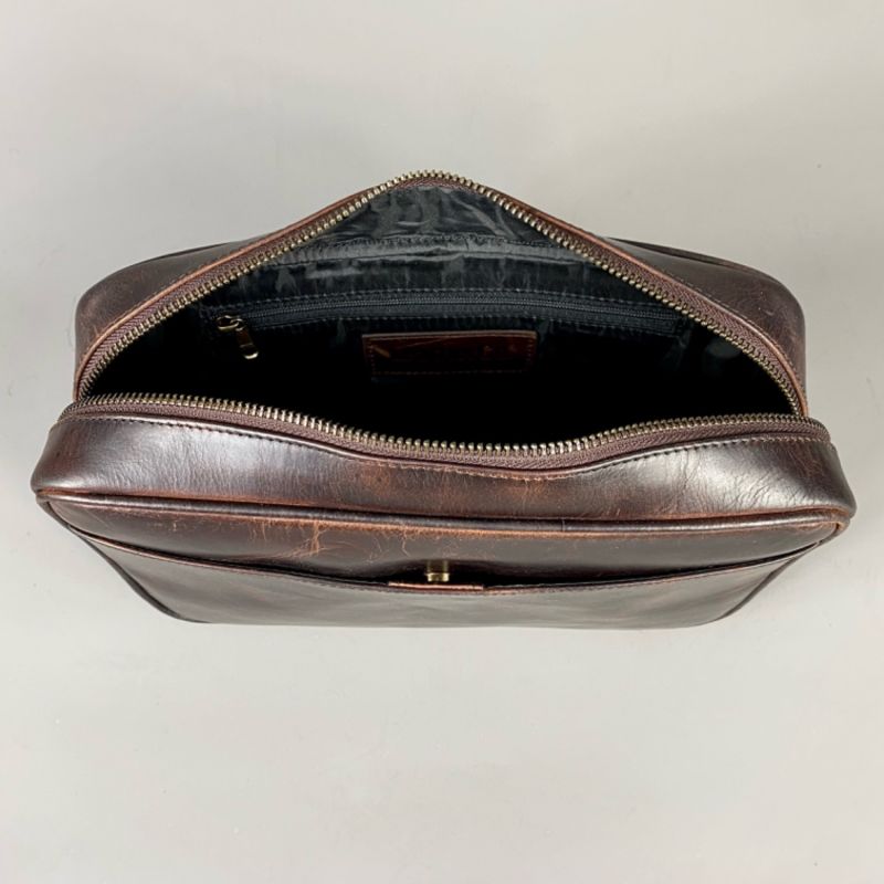 Cognac Leather Top Zip Wash Bag LeatherCo. Wolf & Badger