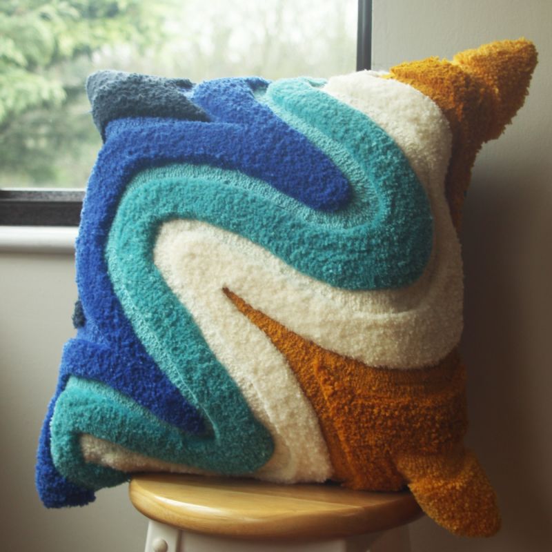 Colourful Tufted Cushion - Large Teal & Ochre Wavy image