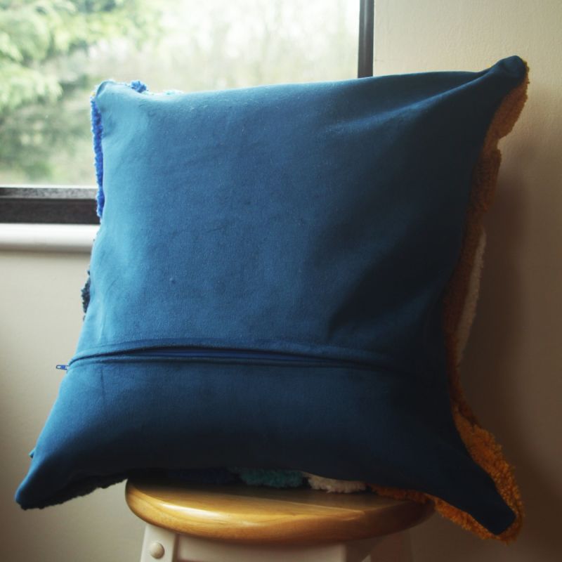 Colourful Tufted Cushion - Large Teal & Ochre Wavy image