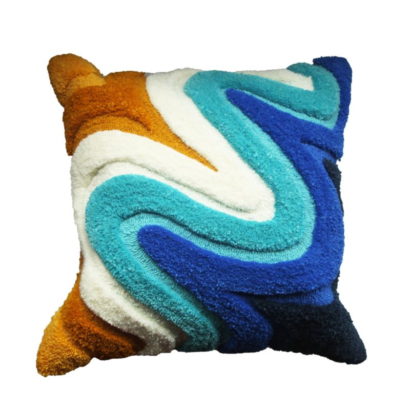 Colourful Tufted Cushion - Large Teal & Ochre Wavy image