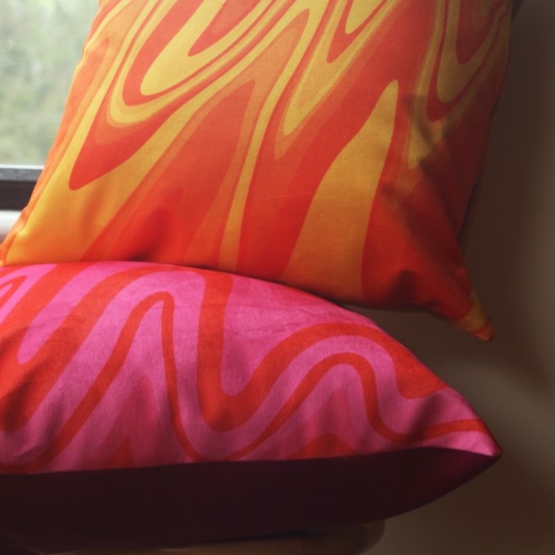 Colourful Velvet Cushion - Pink & Red Wavy image