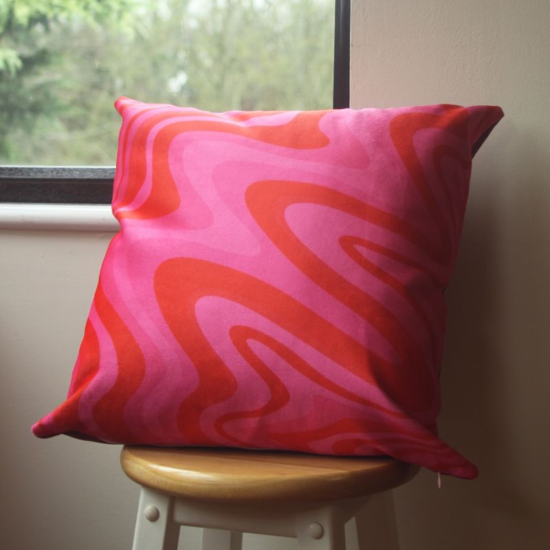 Colourful Velvet Cushion - Pink & Red Wavy image