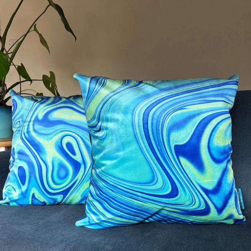 Colourful Velvet Cushion - Wavy Aqua & Green image