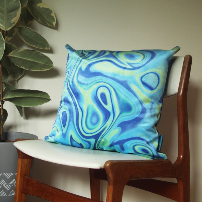 Colourful Velvet Cushion - Wavy Blue & Green image