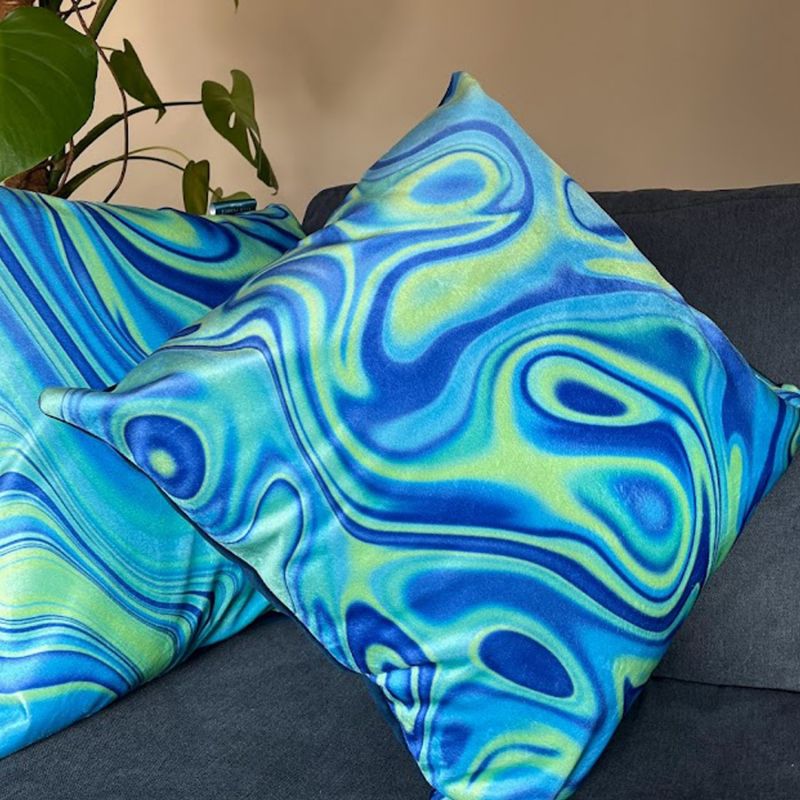 Colourful Velvet Cushion - Wavy Blue & Green image