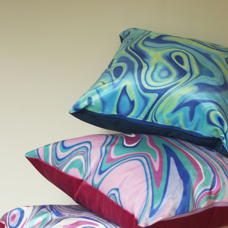 Colourful Velvet Cushion - Wavy Blue & Green image