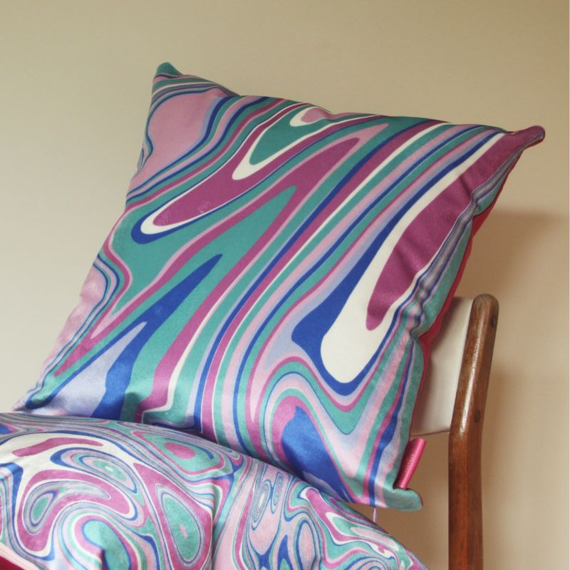 Colourful Velvet Cushion - Wavy Green & Pink image