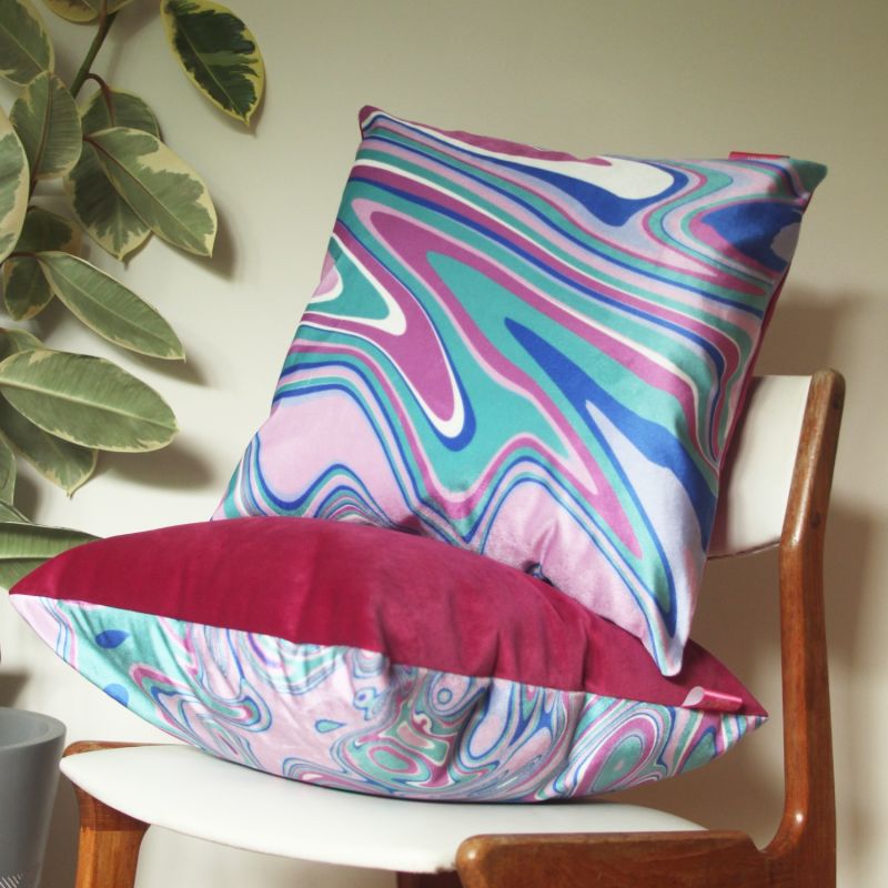 Colourful Velvet Cushion - Wavy Green & Pink image