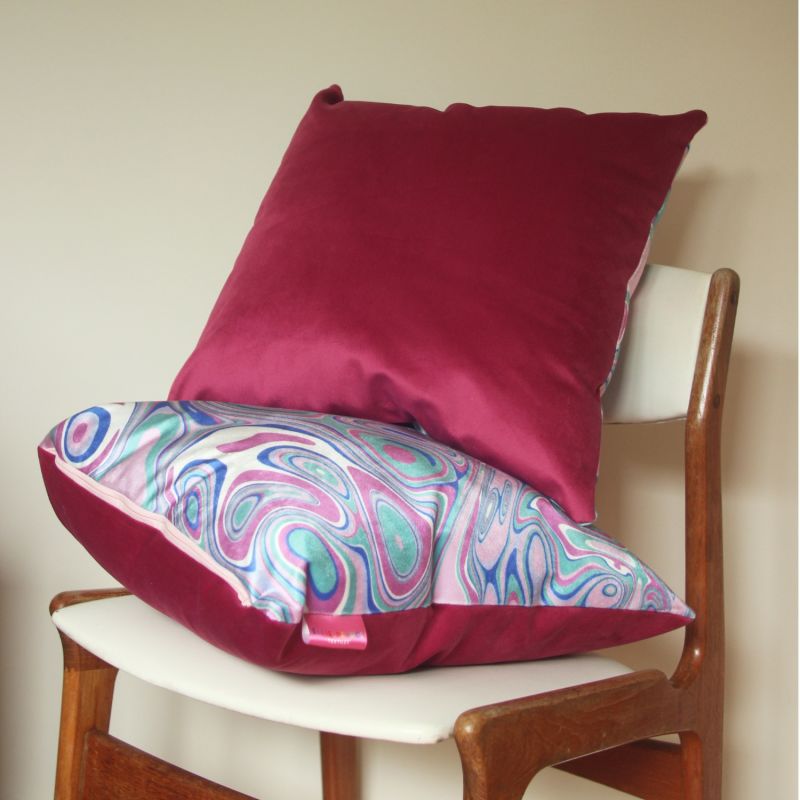 Colourful Velvet Cushion - Wavy Green & Pink image