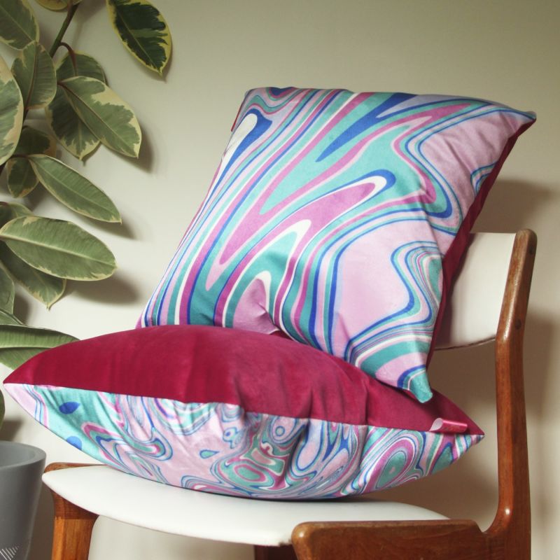 Colourful Velvet Cushion - Wavy Green & Pink image