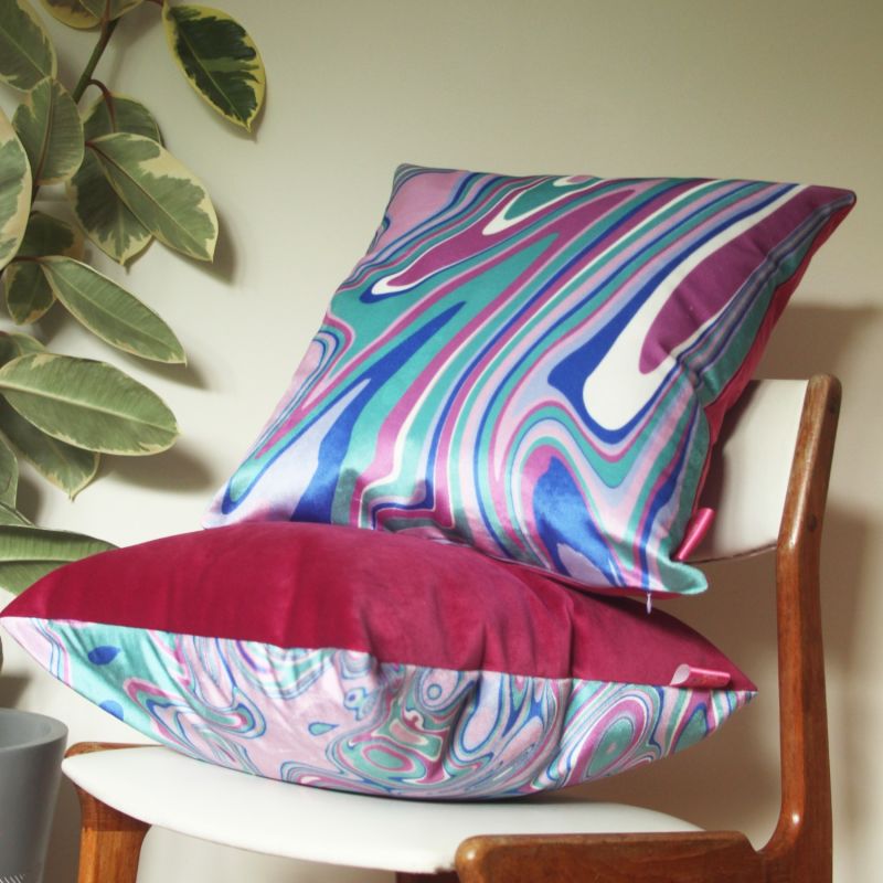 Colourful Velvet Cushion - Wavy Green & Pink image