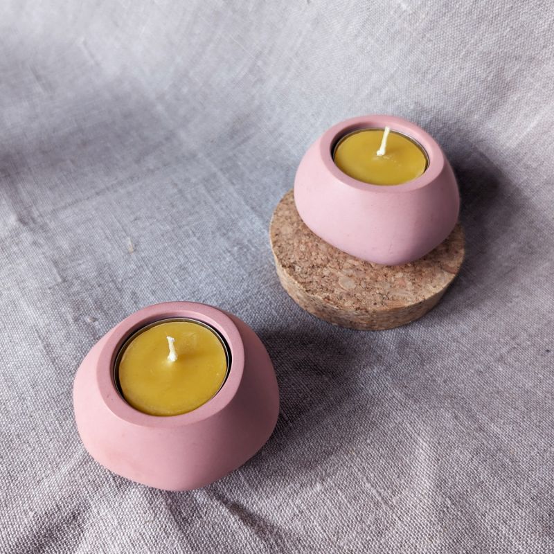 Concrete Tealight Candle Holders And Beeswax Candles Gift Set - Cinnamon Rose image