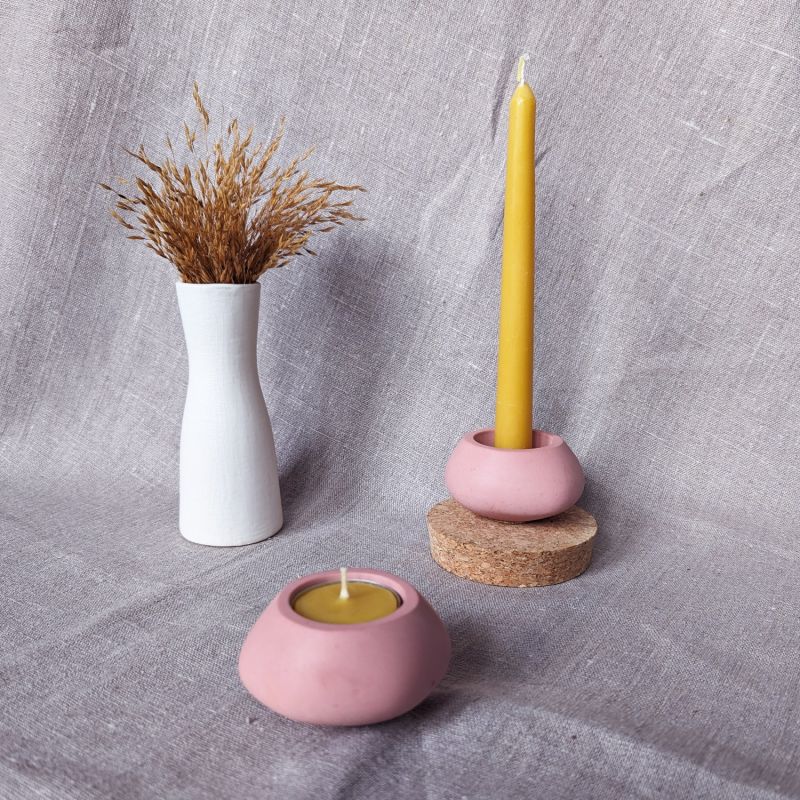 Concrete Tealight Candle Holders And Beeswax Candles Gift Set - Cinnamon Rose image