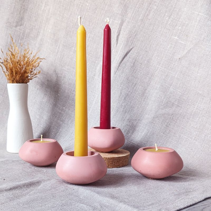 Concrete Tealight Candle Holders And Beeswax Candles Gift Set - Cinnamon Rose image