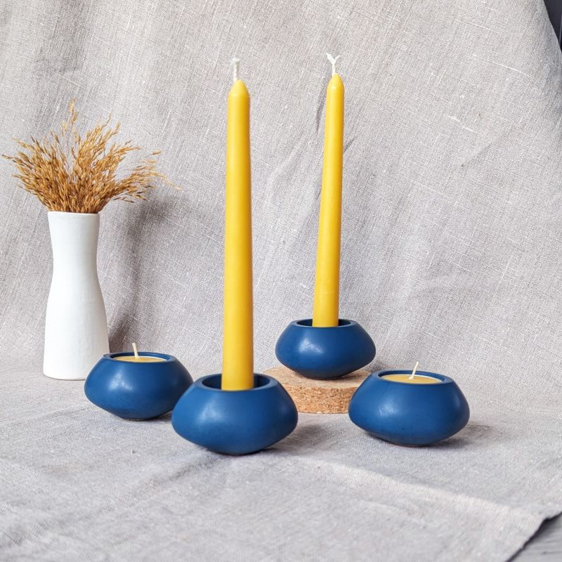 Concrete Tealight Candle Holders And Beeswax Candles Gift Set - Ocean Blue image