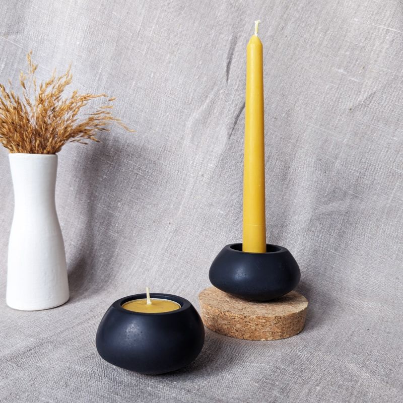 Concrete Tealight Candle Holders And Beeswax Candles Gift Set - Onyx Black image