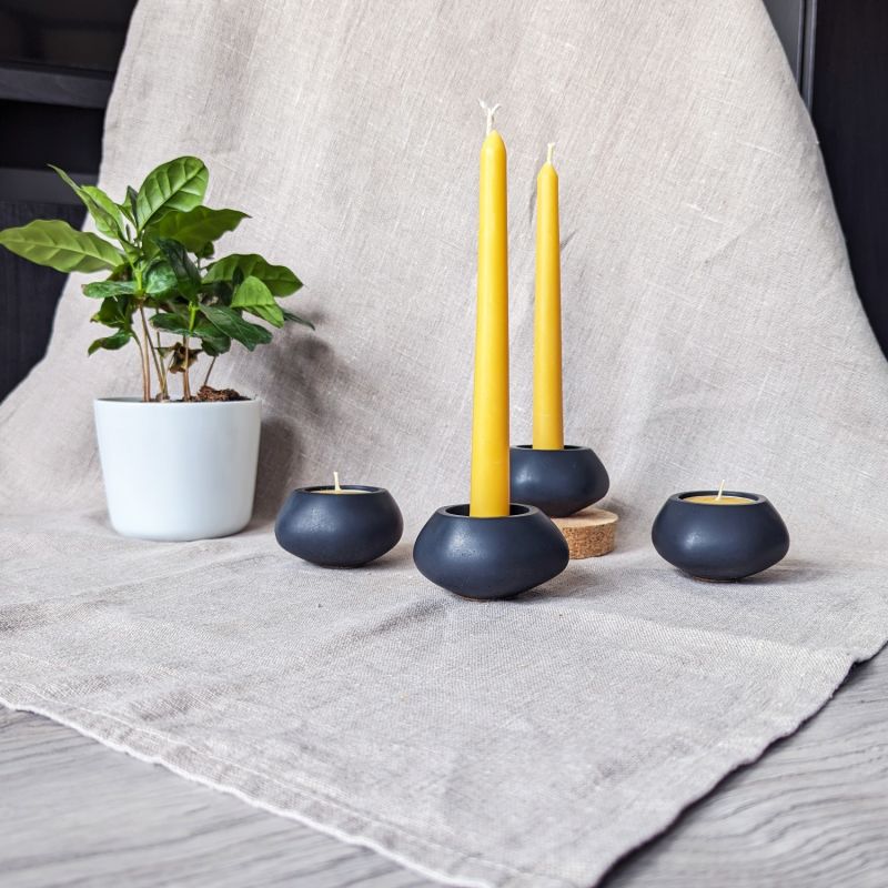 Concrete Tealight Candle Holders And Beeswax Candles Gift Set - Onyx Black image