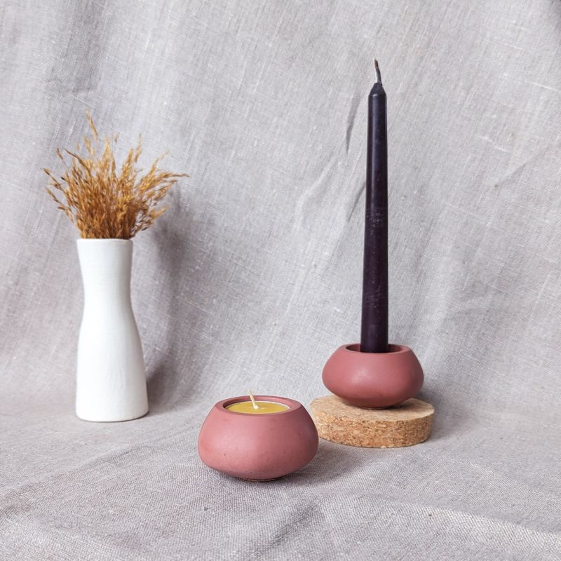 Concrete Tealight Candle Holders And Beeswax Candles Gift Set - Red Ochre image