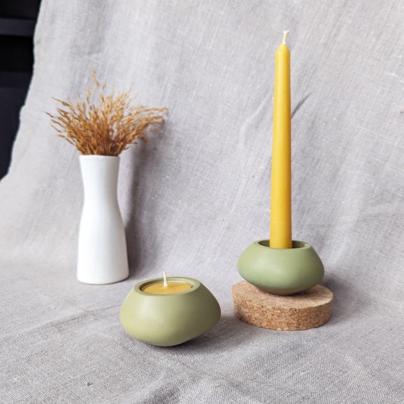 Concrete Tealight Candle Holders And Beeswax Tealights Gift Set - Olive Green image