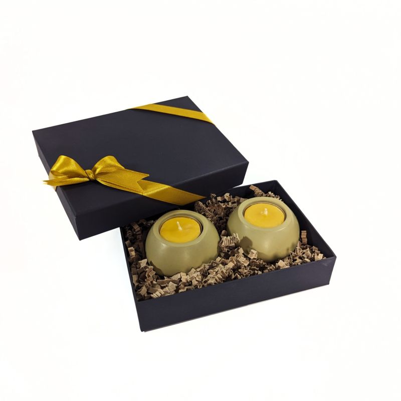 Concrete Tealight Candle Holders And Beeswax Tealights Gift Set - Olive Green image