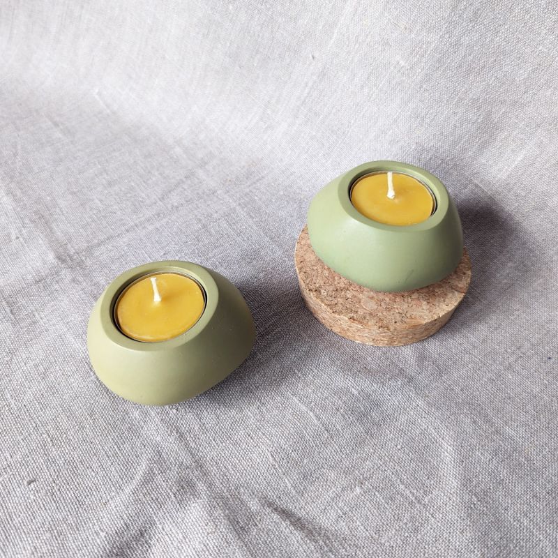 Concrete Tealight Candle Holders And Beeswax Tealights Gift Set - Olive Green image