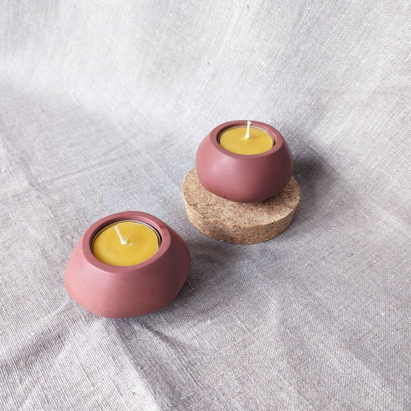 Concrete Tealight Candle Holders And Beeswax Tealights Gift Set - Red Ochre image