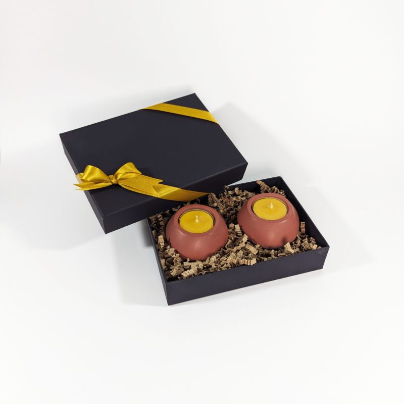 Concrete Tealight Candle Holders And Beeswax Tealights Gift Set - Red Ochre image