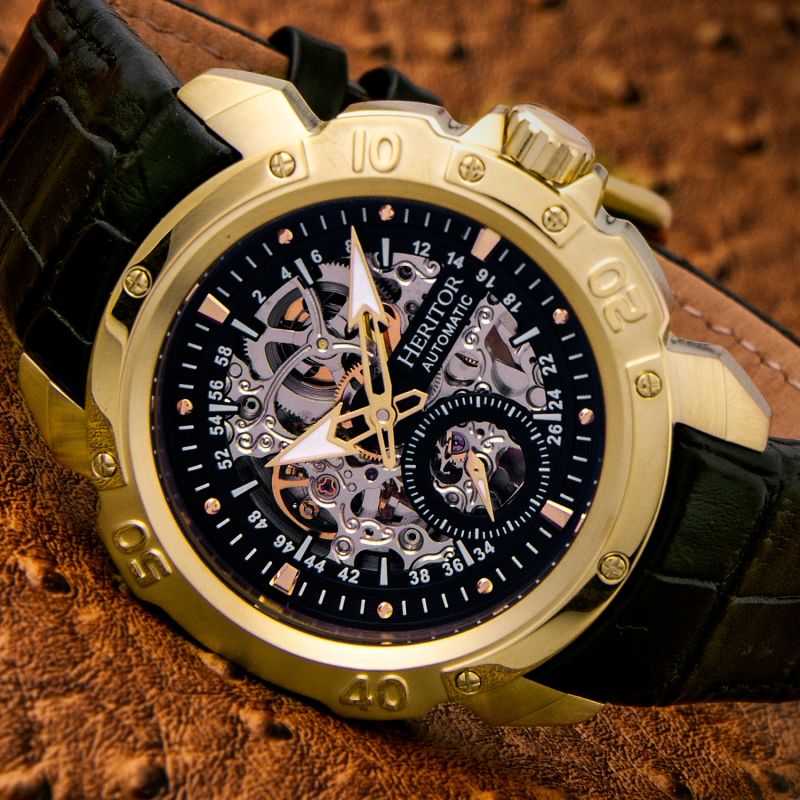 Conrad leather band skeleton watch with seconds sub dial black gold