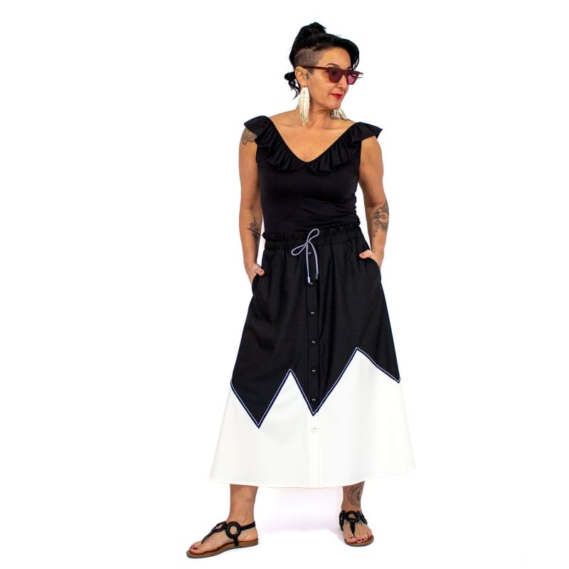 Contrast-Stitched Black & White Midi Skirt image