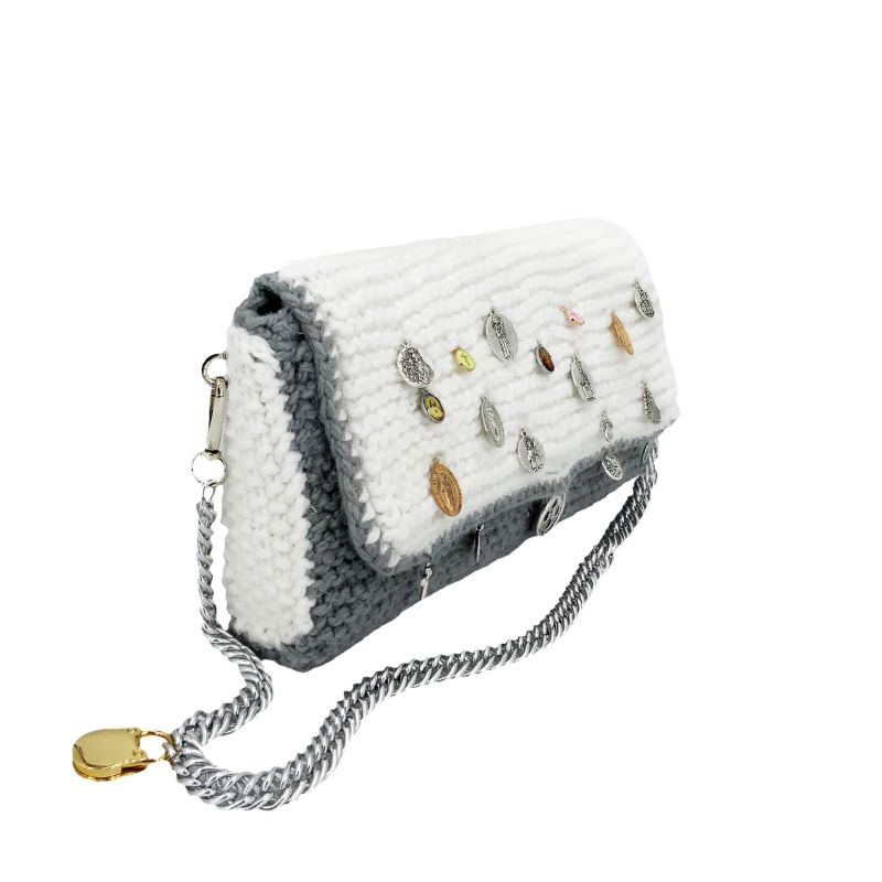 Conxuro Hand Knitted Bag With Medals - White & Grey image