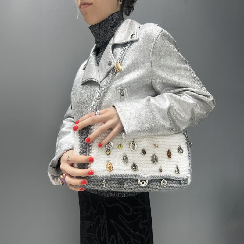 Conxuro Hand Knitted Bag With Medals - White & Grey image